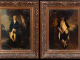 two paintings of a man and a woman in formal clothing