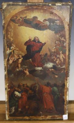 une vieille photo représentant un tableau de Jésus posé sur une table en bois