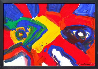 peinture abstraite représentant une fleur rouge, jaune, bleue et verte