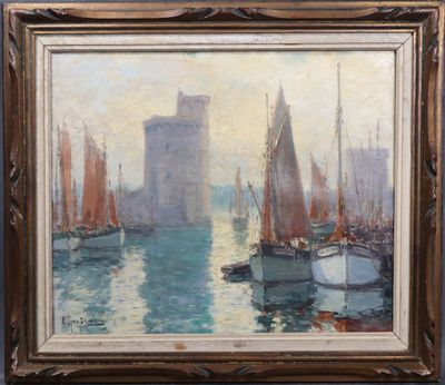 une peinture à l'huile représentant des bateaux dans un port avec un château à l'arrière-plan