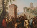 painting of a group of people gathered around a man with a cane