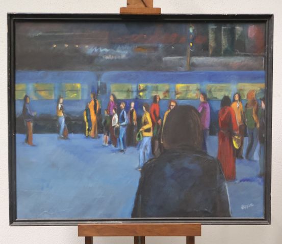 École moderne « En attendant ». Huile sur toile. Signature à iden...