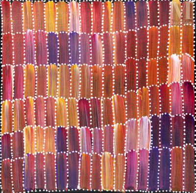 un gros plan d'une peinture accrochée au mur, composée de nombreuses couleurs différentes