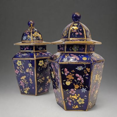 paire de vases bleus et or à motifs floraux