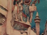 a painting of a man playing a guitar on a balcony