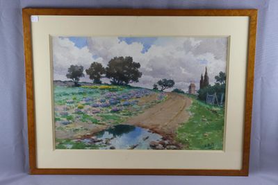 a painting of a dirt road in a field with trees in the background