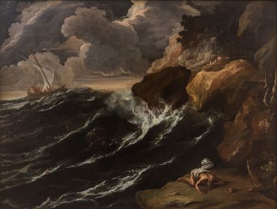a painting of a man sitting on a rock by the ocean