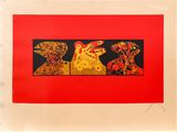 a red and black picture of three cats on a red background