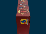 a red box with stickers on it sitting on a table