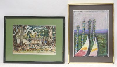 two framed paintings of trees and a bench in a park