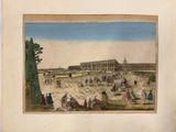 une vieille photo d'un grand bâtiment entouré de nombreuses personnes