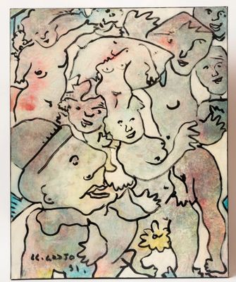 painting of a group of people in a crowd of elephants