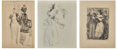 quatre dessins représentant des femmes en robe et chapeau, dont l'une tient un panier