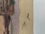 a picture of a painting of a house on the beach
