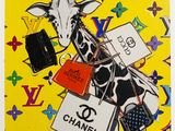 une image représentant un tableau d'une girafe avec un sac de voyage