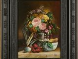 painting of a still life of flowers and fruit in a vase on a table