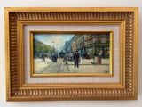 peinture d'une scène de rue avec des personnes marchant dans la rue