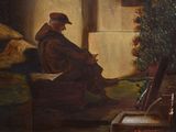 painting of a man sitting in a chair reading a book