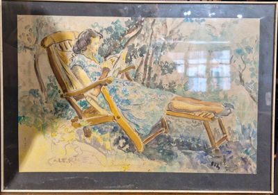 peinture d'une femme assise sur une chaise et lisant un livre