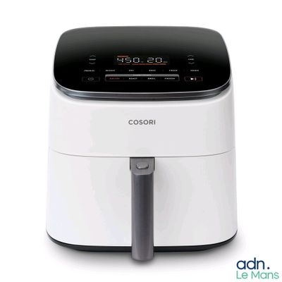 an image of a white and black air fryer sitting on top of a counter