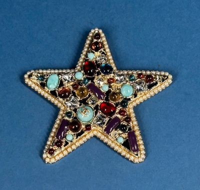 a close up of a star brooch on a blue surface