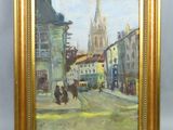 an oil painting of a street scene with a church steeple in the background