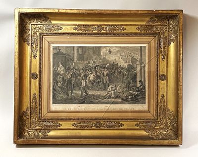 an old picture of a painting of a group of people on a street