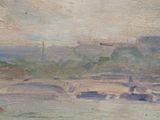 painting of a view of a river with a bridge in the foreground