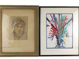 two framed pictures of a woman with a hat and a bouquet of flowers