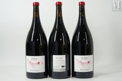 trois bouteilles de vin rouge sont alignées sur une surface blanche
