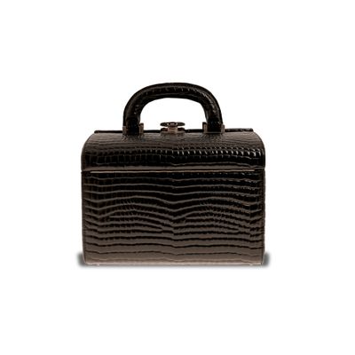 porte-documents en cuir d'alligator marron avec poignée, sur fond blanc