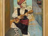 an oil painting of a young boy playing a guitar on the street