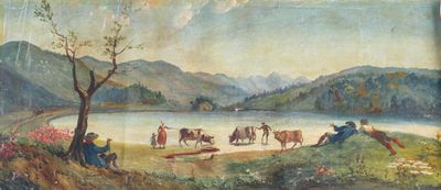 a painting of a group of people riding horses by a lake