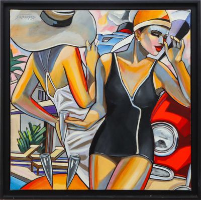 painting of a woman in a bathing suit and hat talking on a cell phone
