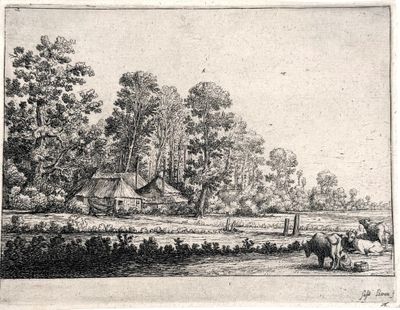 drawing of a farm scene with cows and a house in the distance