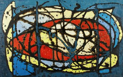 Peinture abstraite représentant un bol rouge, jaune, bleu et blanc