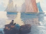 a painting of a man sitting on a boat in the water
