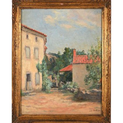 un tableau représentant une maison avec un toit rouge et un toit rouge