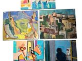 four paintings of a woman sitting on a bench in front of a window