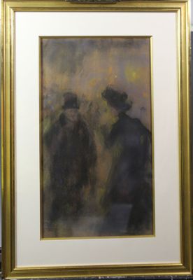 tableau représentant deux hommes coiffés de chapeaux et vêtus de manteaux, debout l'un à côté de l'autre