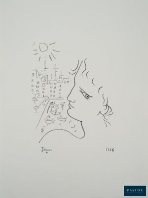 un dessin en noir et blanc représentant le visage d'une femme, avec un soleil au-dessus de sa tête