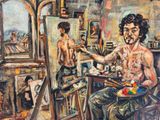un tableau représentant un homme assis devant un miroir