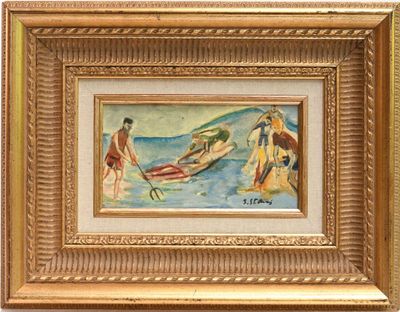 an image of a painting of people on a boat in the water