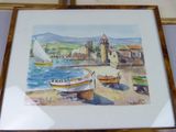 a picture of a watercolor painting of boats on the beach