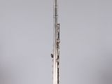 a silver and black flute sitting on top of a glass stand