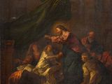 une peinture représentant une peinture d'une femme tenant un enfant dans ses bras