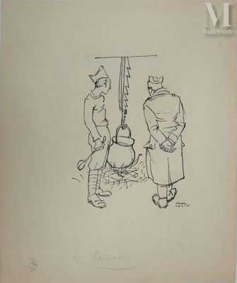 an old drawing of two men standing next to each other