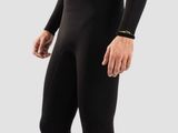 the man is wearing a black wetsuit and a hat