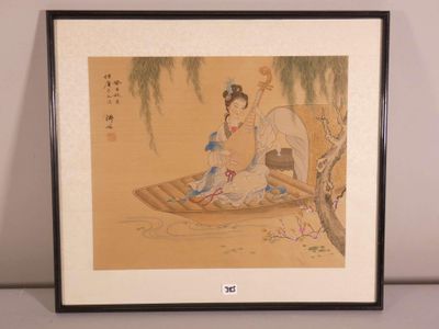tableau représentant une femme et un enfant assis dans un bateau sur l'eau