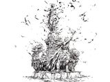 drawing of a man riding on a horse with birds flying around him